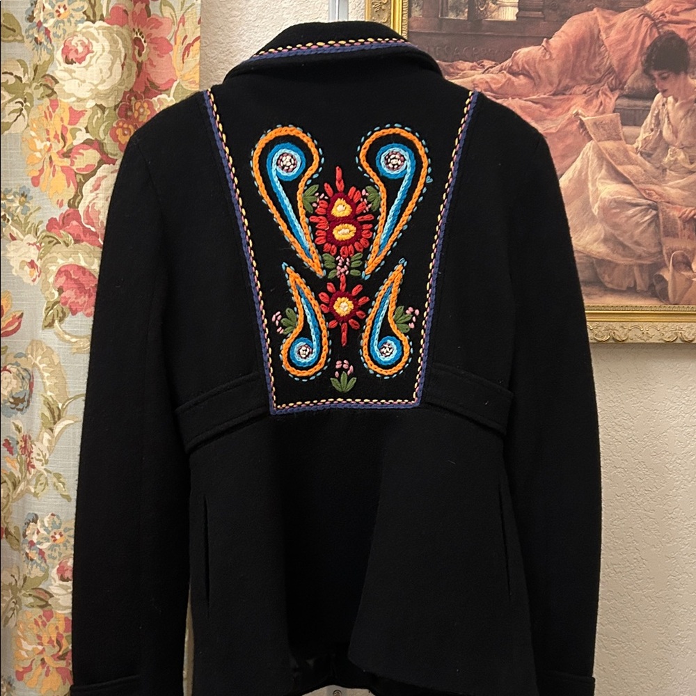 Free People Black Embroidered Jacket with Silver Buttons